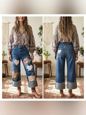 Upcycled Boho Patchwork Wide Leg Jeans Size 4